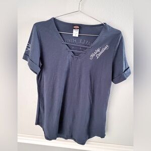 Harley Davidson Women's V Neck T Shirt Double Sided Mile High Denver Co Blue Med